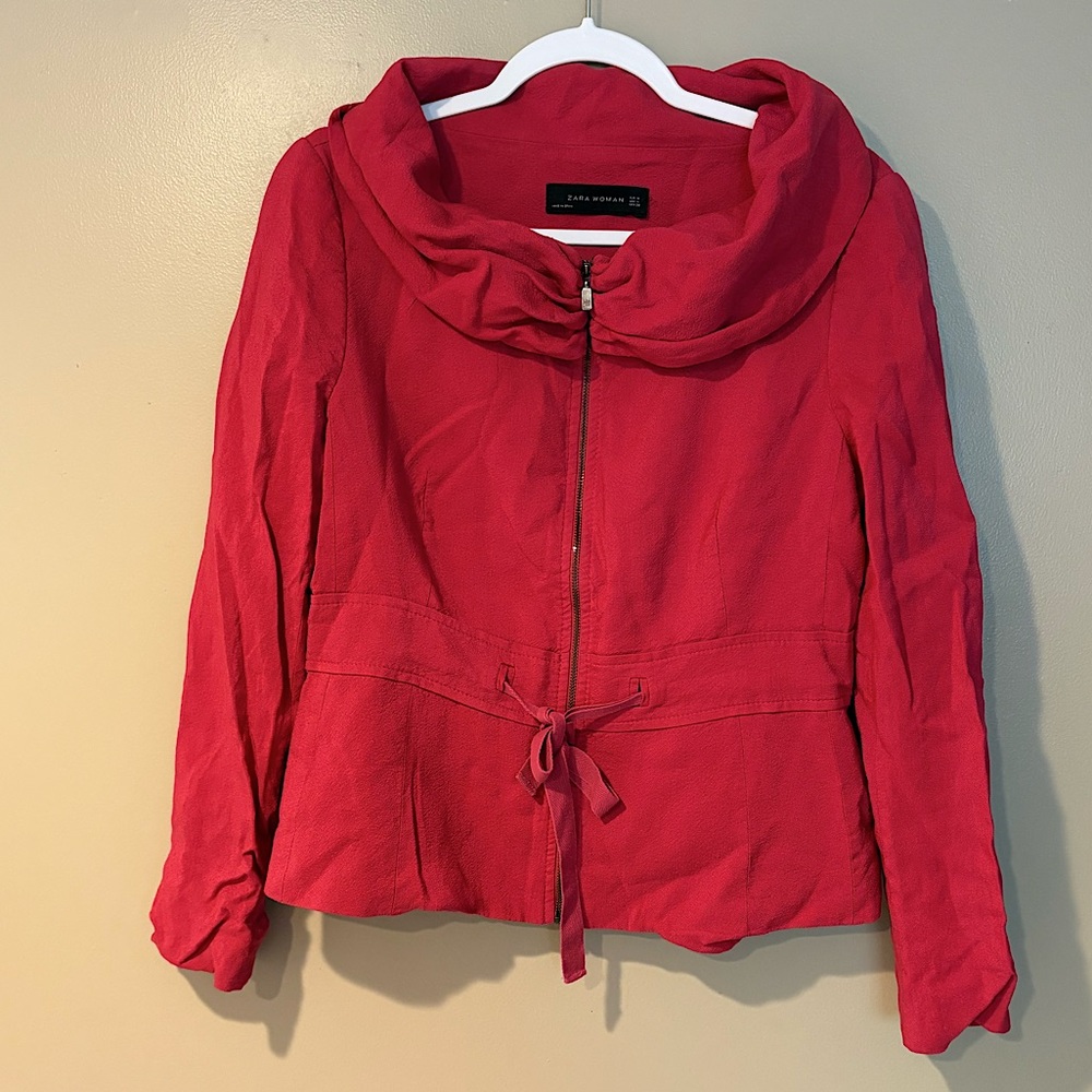PINK Zara linen blend zip up retro round neck jacket blazer peplum twee
